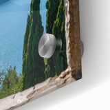Mid-century modernist art of Lake Como with muted blue and green hues on acrylic glass, ideal for dining room art.