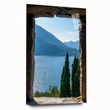 Acrylic print of Lake Como with muted blue and green tones, suitable for bedroom or dining room art.
