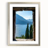 Extra large wall art of Lake Como with textured abstract design in muted colors, framed in silver.