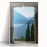 Mid-century modernist art of Lake Como with muted blue and green tones on a framed acrylic, ideal for modern art wall decor.