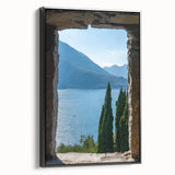 Black and white wall art of Lake Como on framed canvas, featuring a vintage poster style, ideal for bedroom decor.