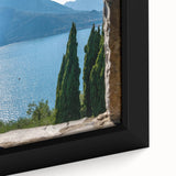 Extra large framed canvas of Lake Como with textured black and colorful art, ideal for living room decor.
