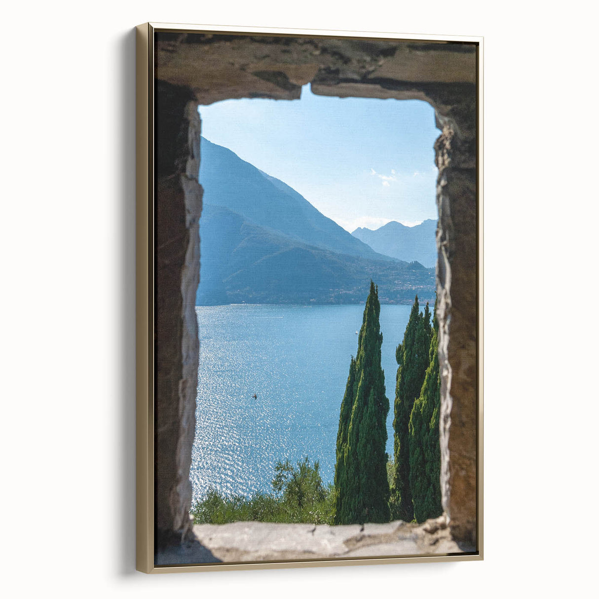 Framed canvas depicting a vintage-style Lake Como landscape in muted gold and black tones, ideal for bedroom wall art.
