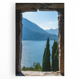 Black and white image of Lake Como on a large stretched canvas, ideal for kitchen wall art or bedroom decor.