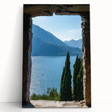 Black and white photograph of Lake Como on stretched canvas, ideal for kitchen wall art.