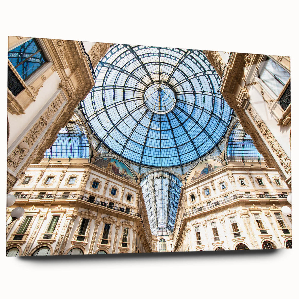 Acrylic glass print of a large abstract depiction of Milan with vibrant, multicolored hues.