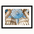 Extra large abstract art print of a colorful Milan scenery, textured on a black framed mat, ideal for living room decor.