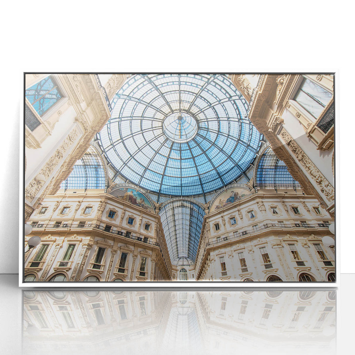 Mid-century modernist art of Milan scenery in muted pastel shades on white framed acrylic, ideal for nursery wall art.