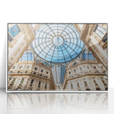 Mid-century modernist art of Milan scenery in muted pastel shades on white framed acrylic, ideal for nursery wall art.