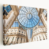 Side view of a stretched canvas featuring a detailed Milan cityscape in muted earth tones, ideal for kitchen wall art.