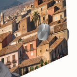 Mid-century modernist depiction of Mount Etna in muted earth tones on large acrylic glass, suitable for dining room art.