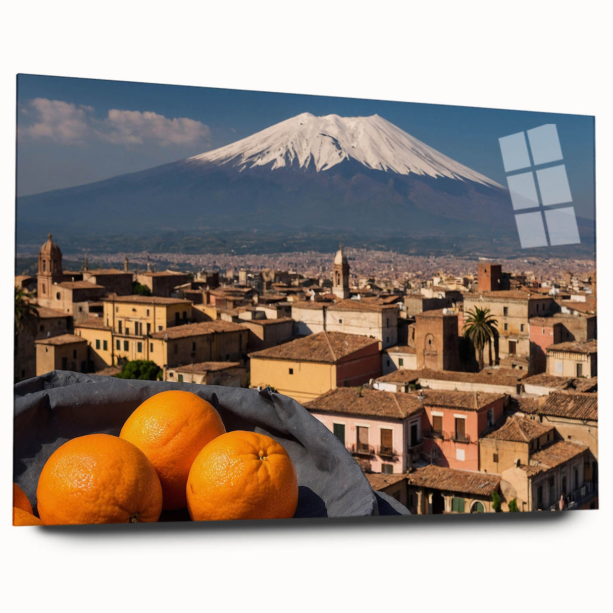 Large abstract wall art of Mount Etna in muted earth tones on acrylic glass, ideal for bedroom or dining room decor.