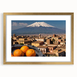 Abstract art print of Mount Etna in muted earth tones on a framed gold mat, ideal for dining room decor.