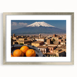 Extra large abstract art print of Mount Etna with textured details in a silver frame, suitable for living room decor.