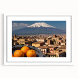 Textured abstract art print of Mount Etna in muted earth tones, framed with a white mat, ideal for bedroom art.