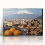 Acrylic print of Mount Etna with silver frame, featuring earthy tones, ideal for modern art wall decor.