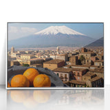 Mid-century modernist art depicting Mount Etna in muted earth tones, framed acrylic, ideal for modern art wall decor.