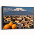 Black and white framed canvas of Mount Etna landscape, ideal for bedroom wall art in a vintage poster style.
