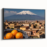 Black and white framed canvas of Mount Etna landscape, ideal for bedroom wall art in a vintage poster style.