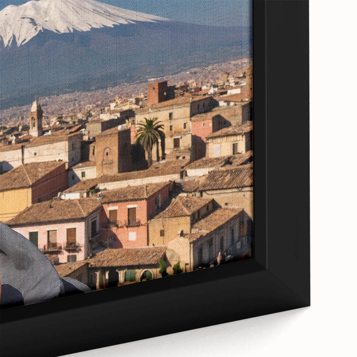 Black canvas art of Mount Etna with colorful, textured strokes, ideal for extra large living room decor.