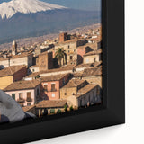 Black canvas art of Mount Etna with colorful, textured strokes, ideal for extra large living room decor.