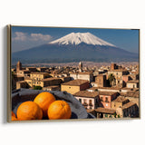 Framed canvas depicting Mount Etna in muted earth tones, suitable as wall art for a bedroom.