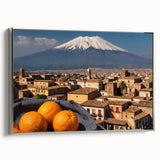 Landscape art painting of Mount Etna, Italy, featuring colorful art on a black vintage poster style framed canvas.
