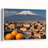 Vintage poster art of Mount Etna with vibrant colors on a framed canvas, ideal for living room decor.