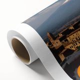 Art deco poster of Mount Etna in muted earth tones on rolled canvas, ideal for nursery wall art.