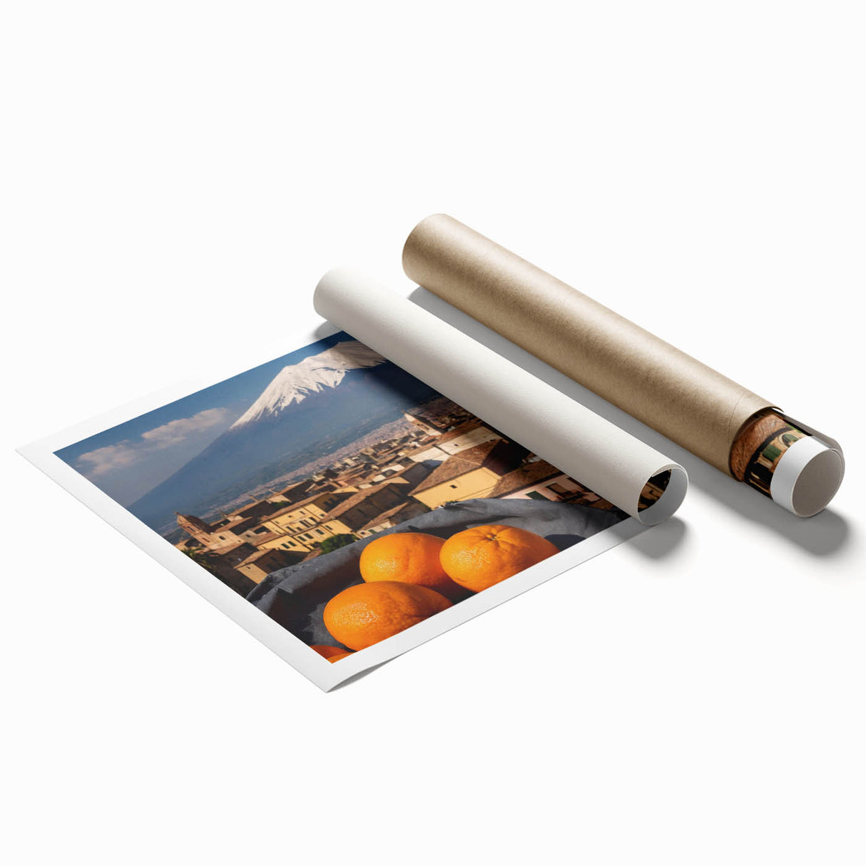Extra large rolled print of Mount Etna with vibrant floral foreground, ideal for classy bathroom wall art.