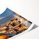 Extra large wall art featuring a line art design of flowers with Mount Etna in the background, in muted earth tones.