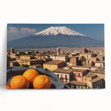 Black and white large art print of Mount Etna on stretched canvas, ideal for kitchen wall art.
