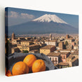 Wall art featuring a detailed depiction of Mount Etna in Italy, rendered in earthy tones on a large stretched canvas.