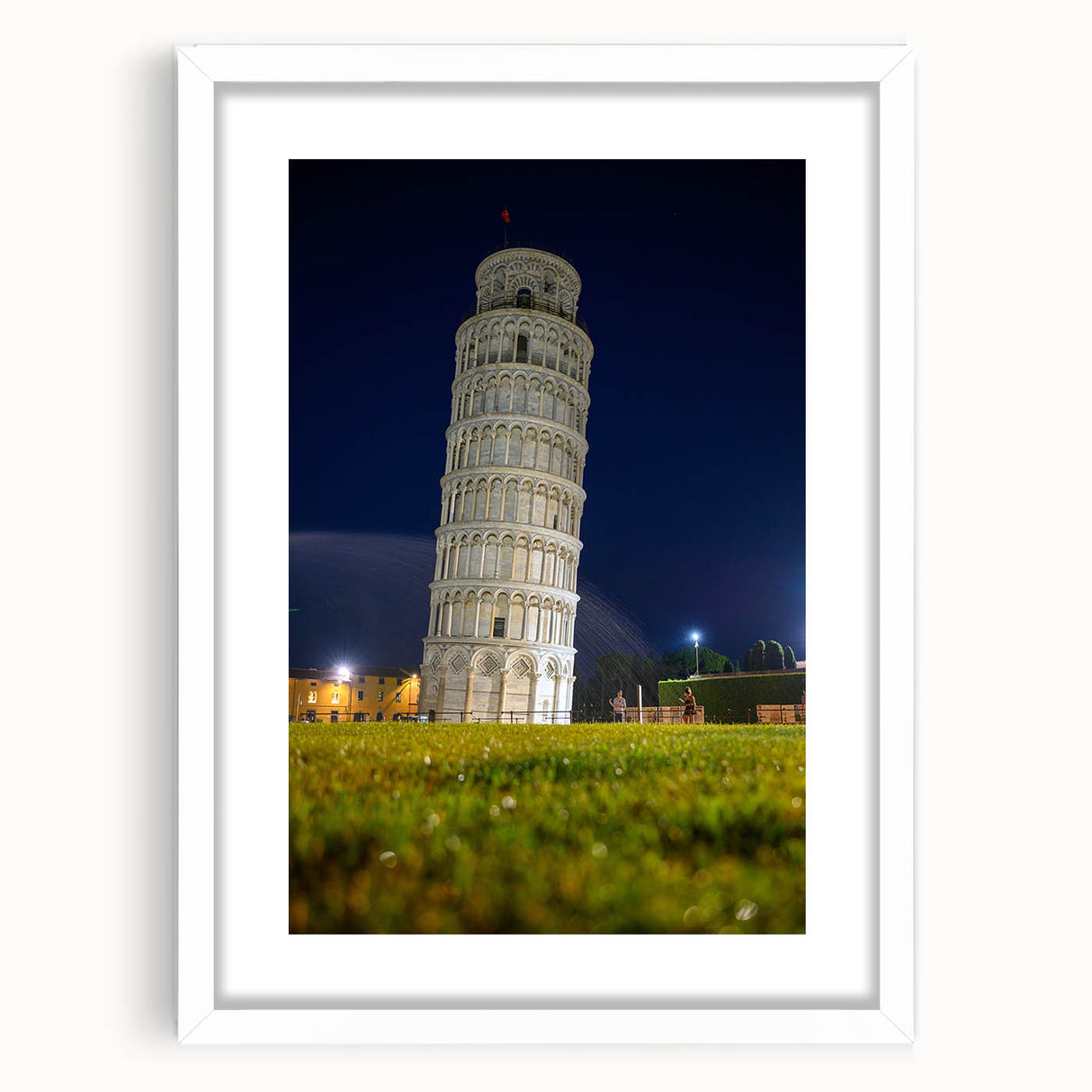 Textured art print of the Leaning Tower of Pisa in abstract style, featuring muted earth tones, framed in white.