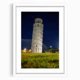 Textured art print of the Leaning Tower of Pisa in abstract style, featuring muted earth tones, framed in white.