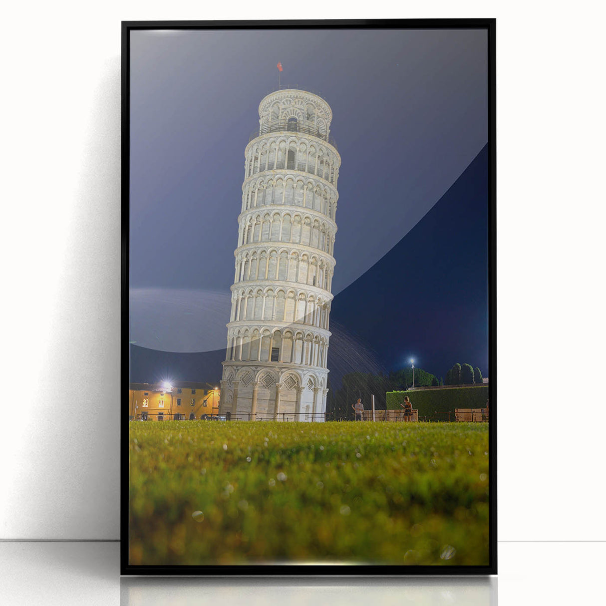 Large abstract wall art of the Leaning Tower of Pisa in muted gray tones, framed in black acrylic.