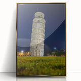 Framed acrylic print of the Leaning Tower of Pisa in muted gold tones, ideal for modern art wall decor.