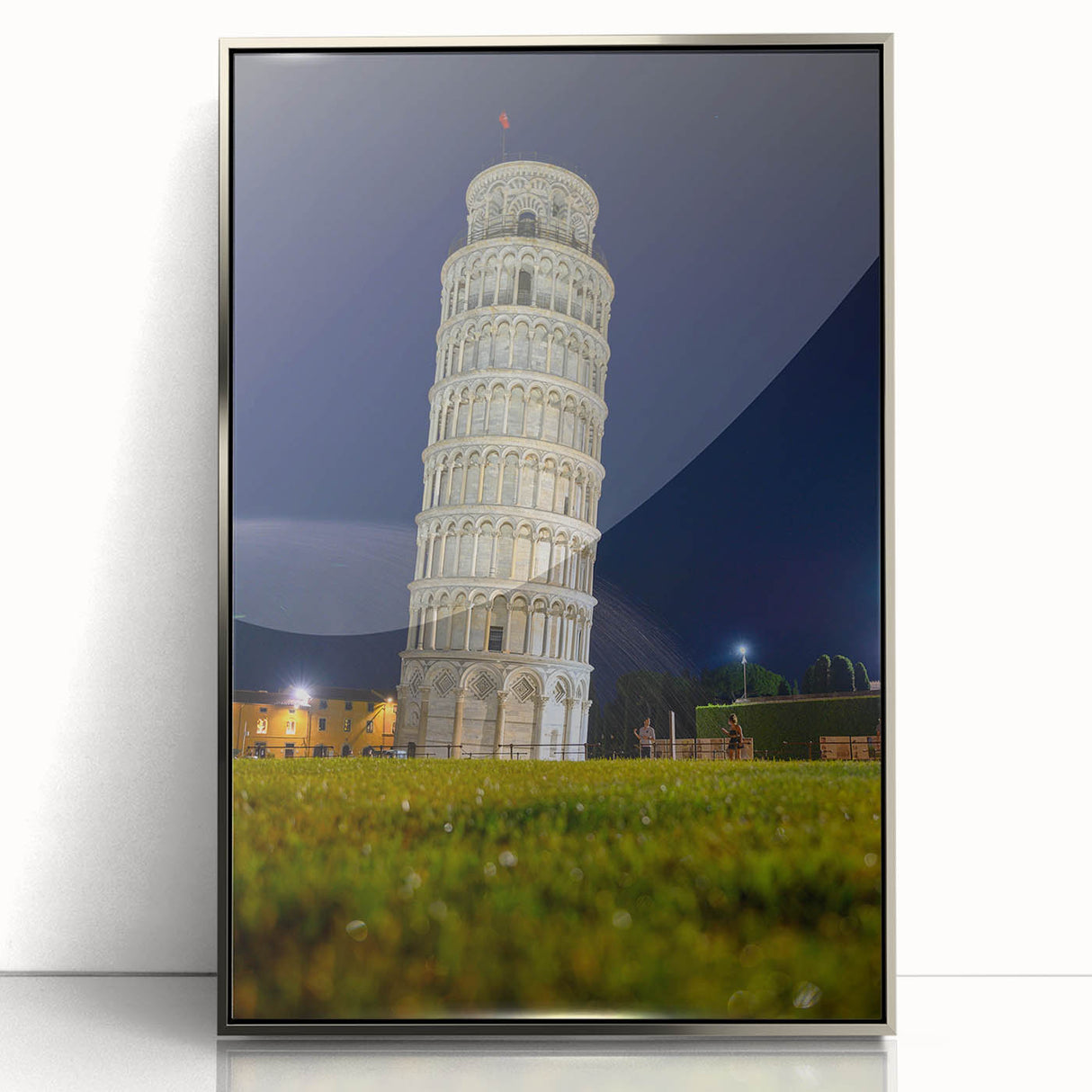 Mid-century modernist art depicting the Leaning Tower of Pisa in muted earth tones, framed acrylic.