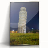 Mid-century modernist art depicting the Leaning Tower of Pisa in muted earth tones, framed acrylic.