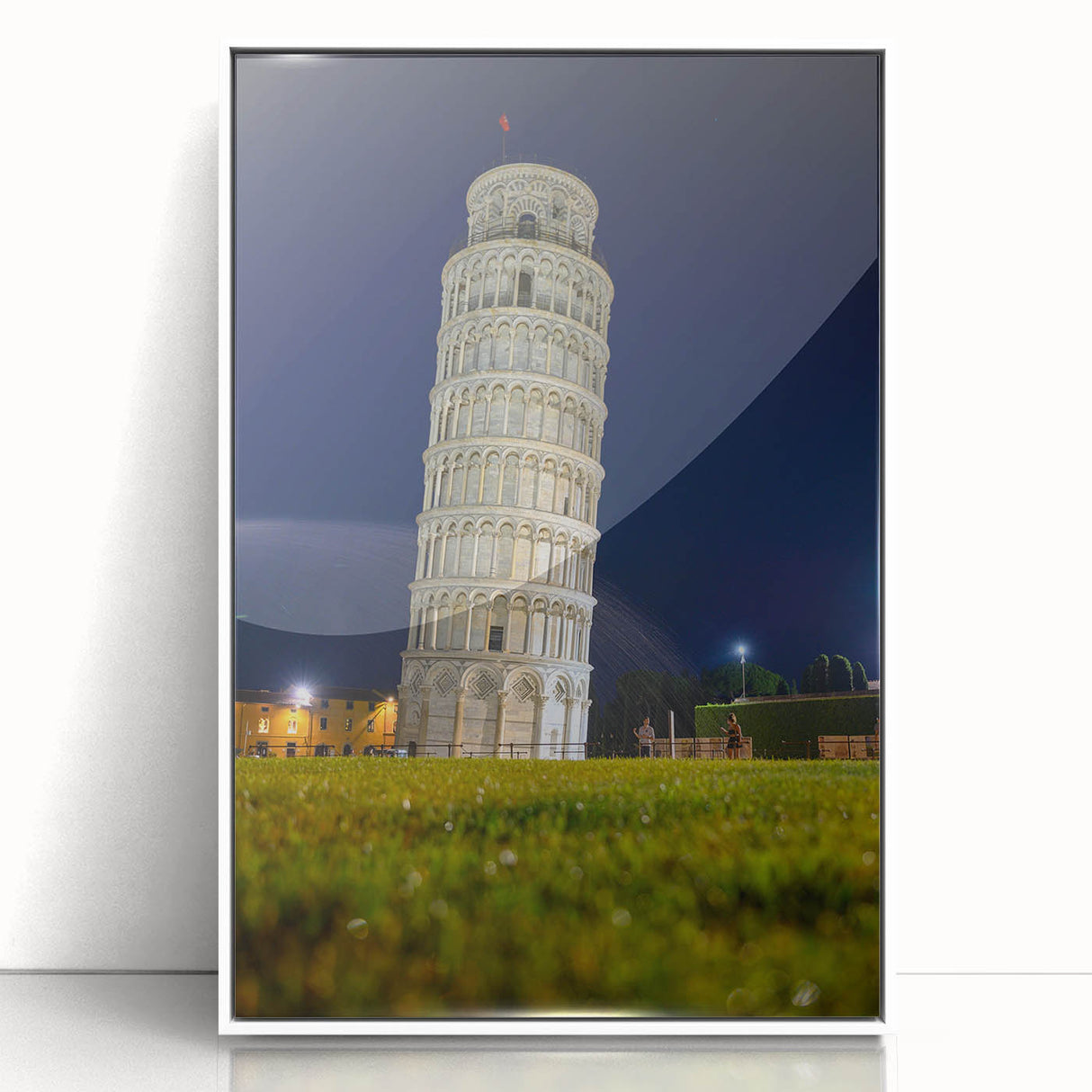 Framed acrylic print of the Leaning Tower of Pisa in monochrome, ideal for modern art wall decor.