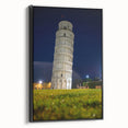 Black and white wall art of the Leaning Tower of Pisa in a vintage poster style on framed canvas, ideal for bedroom decor.