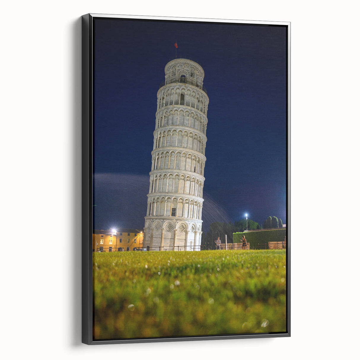 Black and white wall art of the Leaning Tower of Pisa in a vintage poster style on framed canvas, ideal for bedroom decor.