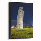 Black and white wall art of the Leaning Tower of Pisa in a vintage poster style on framed canvas, ideal for bedroom decor.