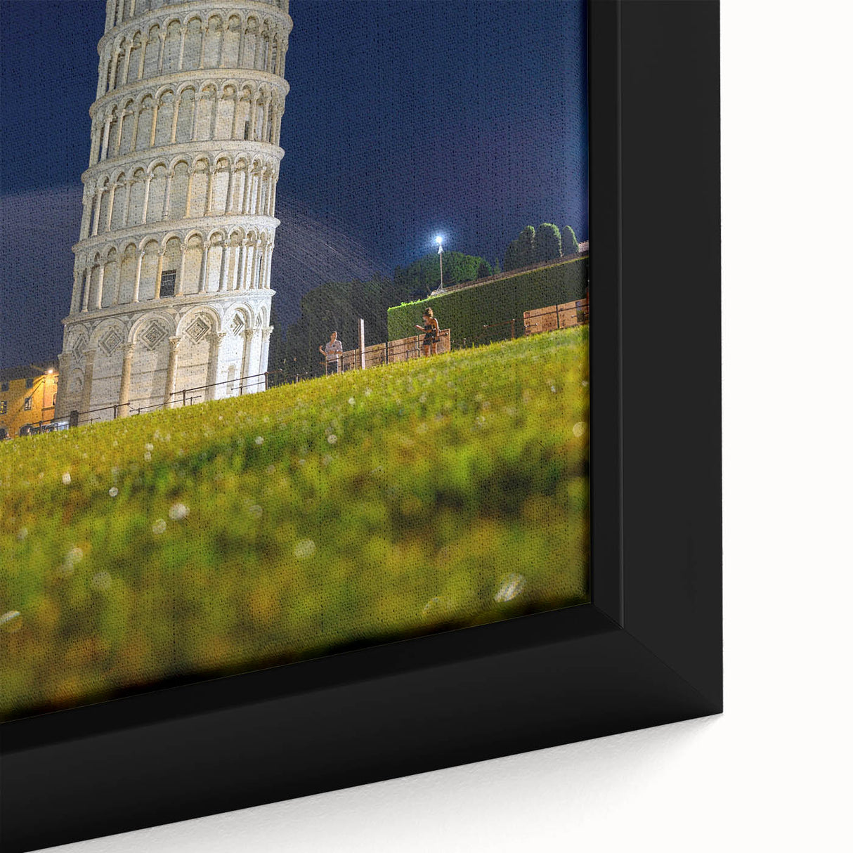 Extra large framed canvas of the Leaning Tower of Pisa in black with colorful, textured art details.