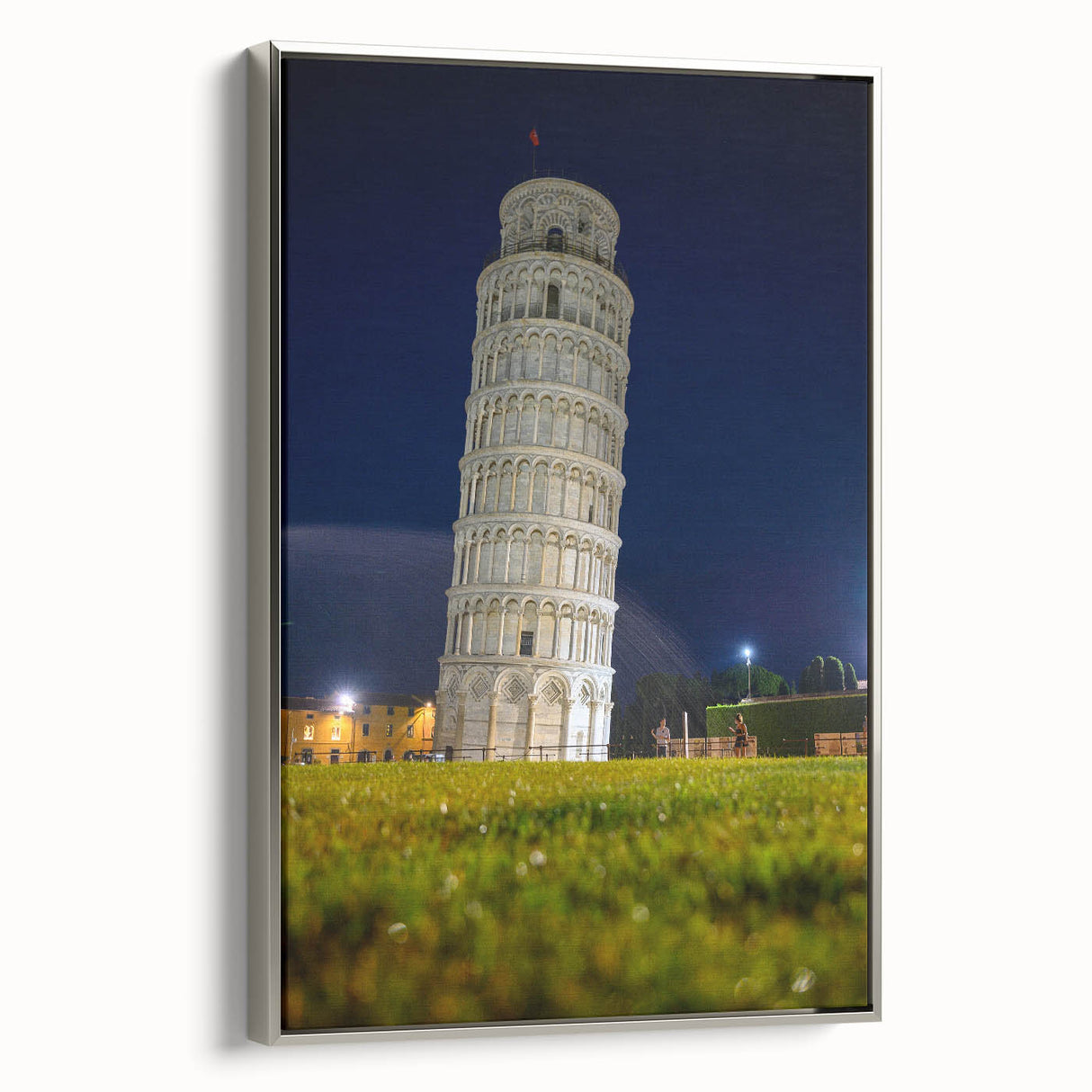 Framed canvas landscape art painting of the Leaning Tower of Pisa in muted color tones, ideal for office decor.