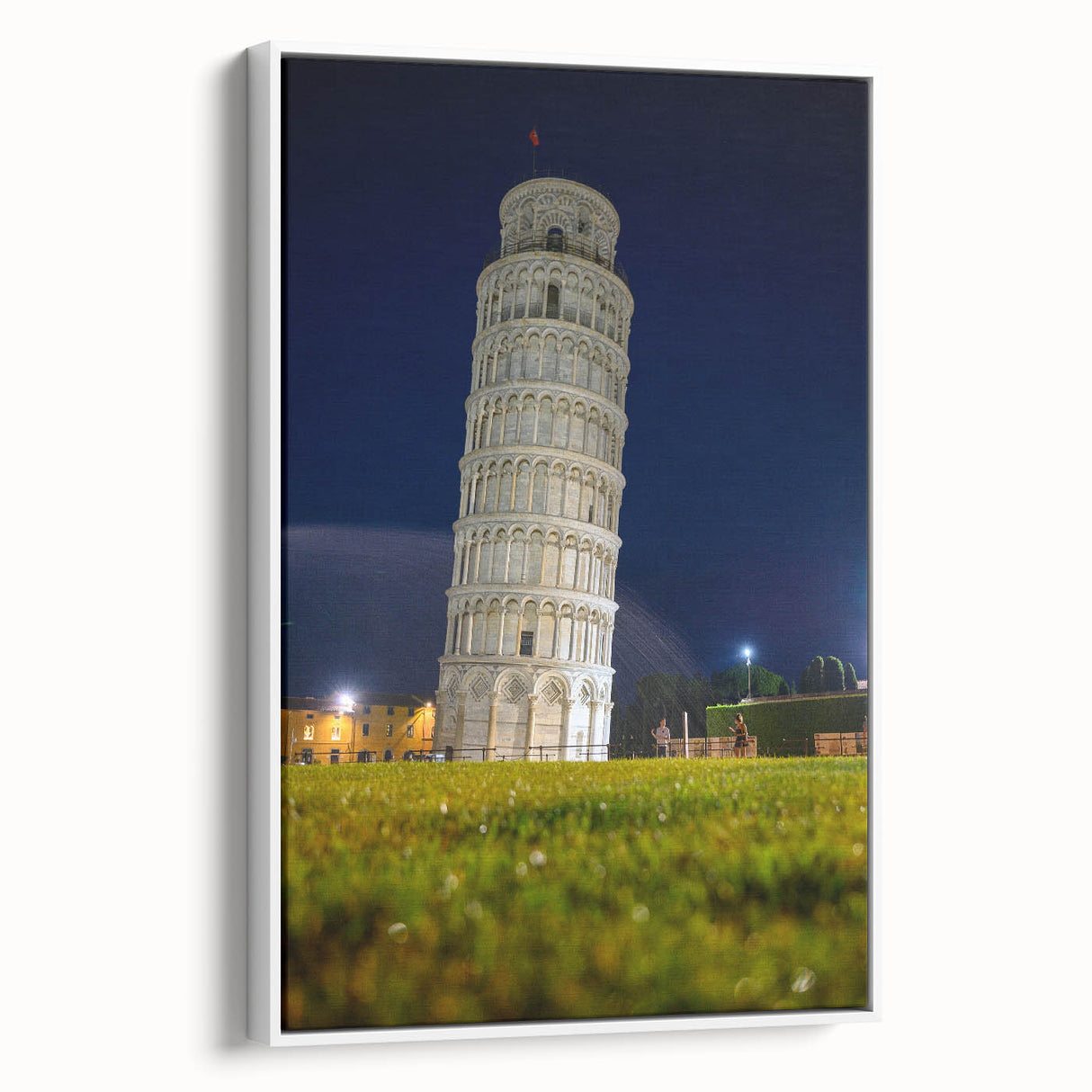Vintage poster art of the Leaning Tower of Pisa in colorful tones on a framed canvas, ideal for living room decor.