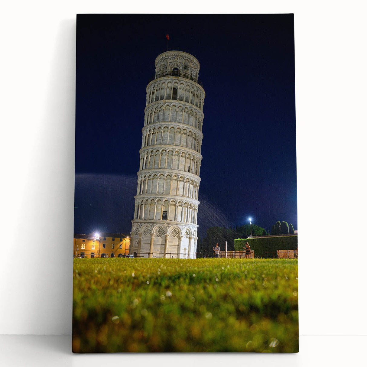 Black and white stretched canvas of the Leaning Tower of Pisa, ideal for kitchen wall art.