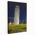 Side view of a stretched canvas featuring the Leaning Tower of Pisa in muted earth tones, suitable for kitchen wall art.