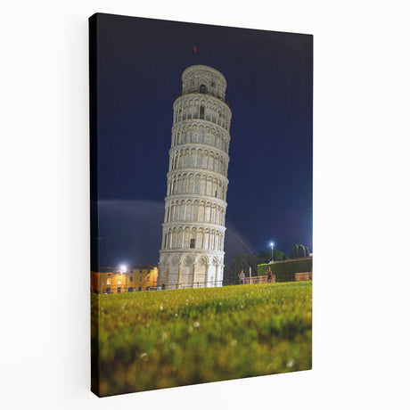 Side view of a stretched canvas featuring the Leaning Tower of Pisa in muted earth tones, suitable for kitchen wall art.