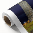 Art deco poster of the Leaning Tower of Pisa in muted earth tones on rolled canvas.